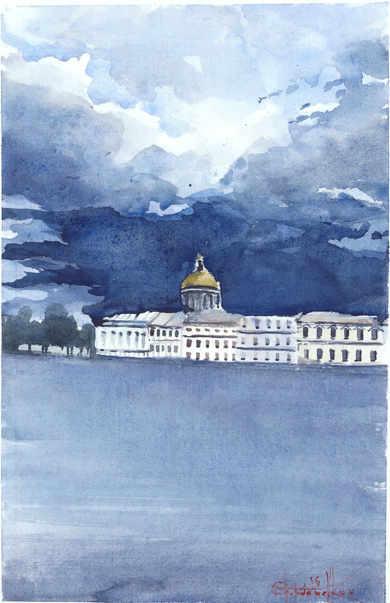 Impressionistic Cityscapes Watercolour By Eugene Gorbachenko, 9 X 15, The Sky Above Petersburg, Original Artwork