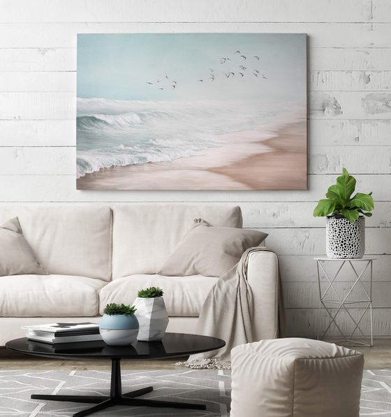 "Sea vibes 2" Blue beige landscape oil art