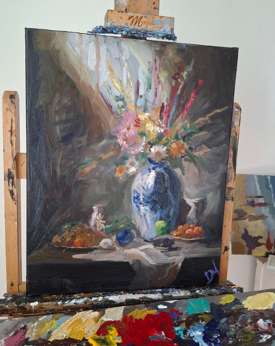 Flowers, fruits and vase