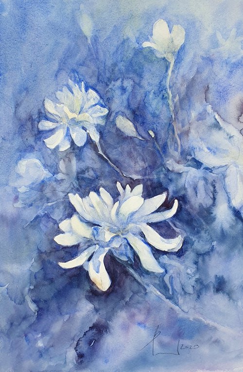 watercolour MAGNOLIA in BLUE  flower painting 30x45/ 2020.016 by Beata van Wijngaarden