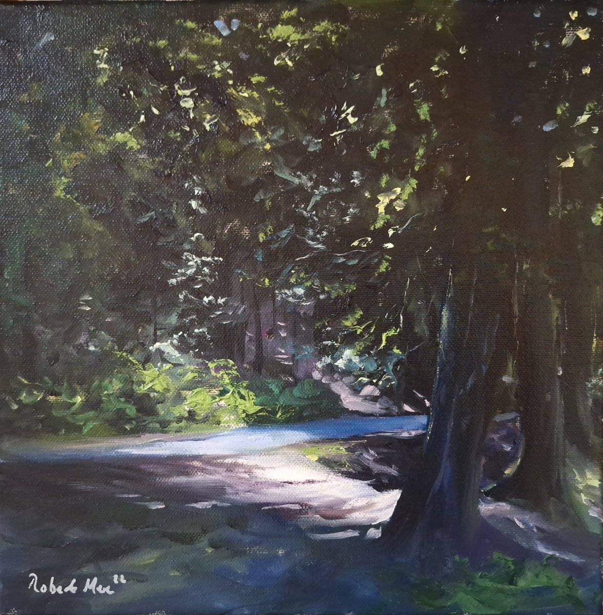 Impressionistic Botanical Oil Painting By Robert Mee, 12 X 12", Sunlight Through The Trees, Original Artwork