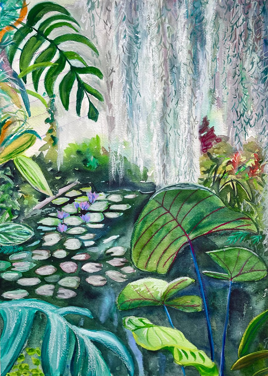 Botanical Original Watercolor Painting, Garden Plants Mixed Media Artwork, Greenery Wall A... by Kate Grishakova