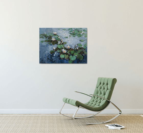 White Water Lilies in pond -  Original Oil painting