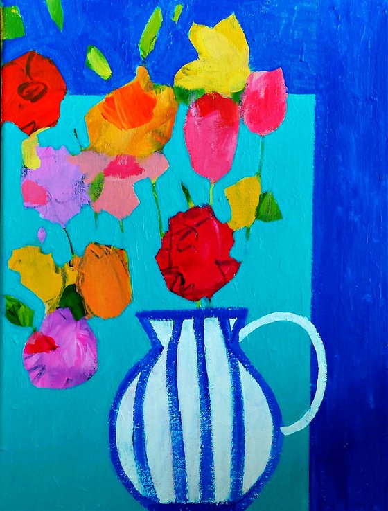 Flowers in a Striped Jug