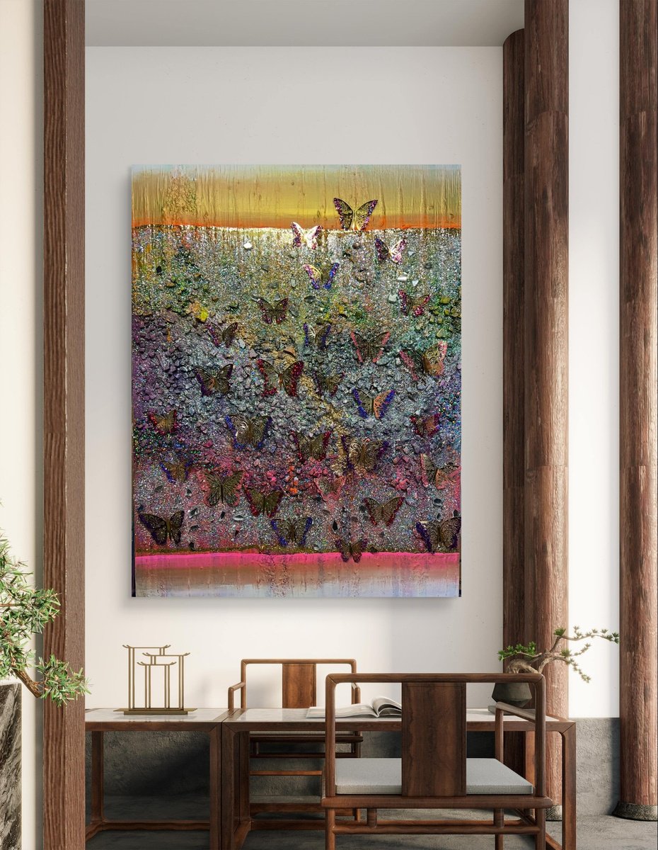 Abstract Animal Painting By Henrieta Angel, 30 X 40, Rainbows And Butterflies, Original Artwork