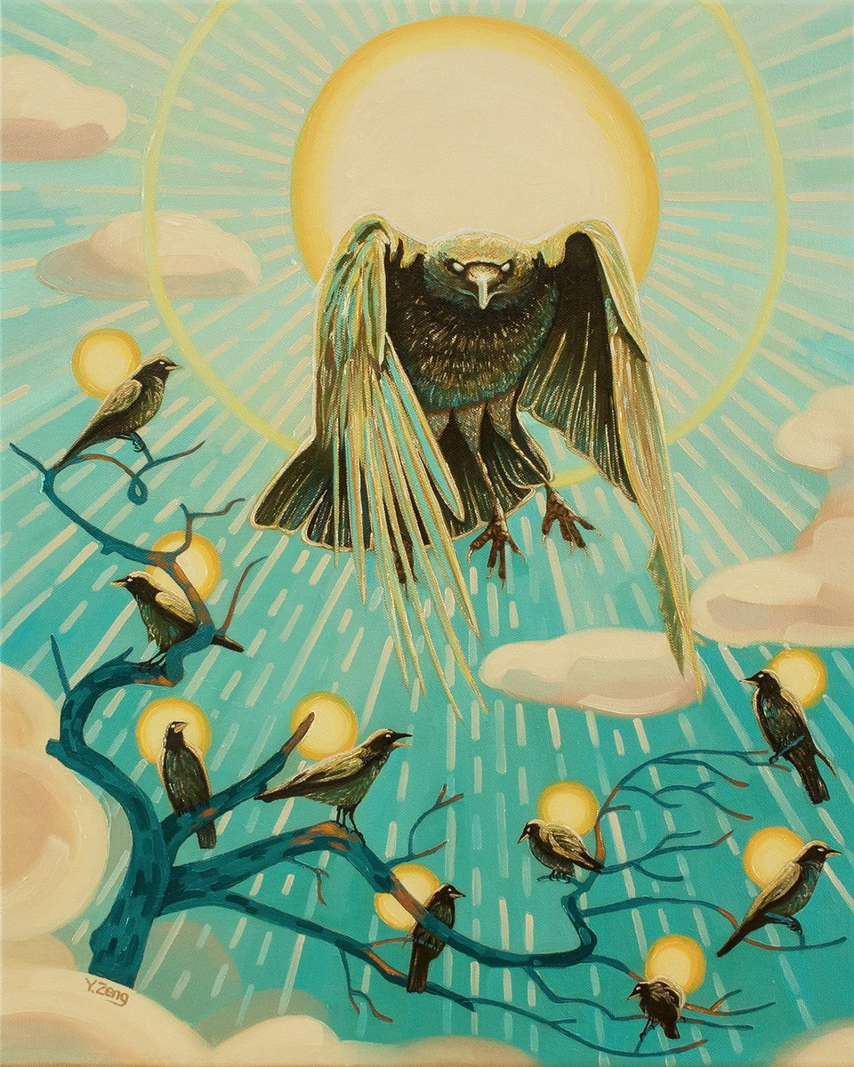 Surrealistic Animal Oil Painting By Yue Zeng, 16 X 20", Gold Ravens, Original Artwork