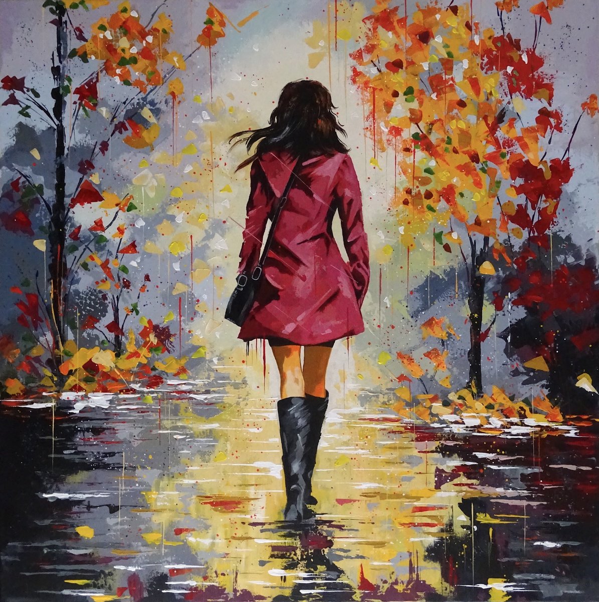 Impressionistic Portrait Acrylic Painting By Livien Rozen, 28 X 28", Autumn Leaf Fall, Original Artwork