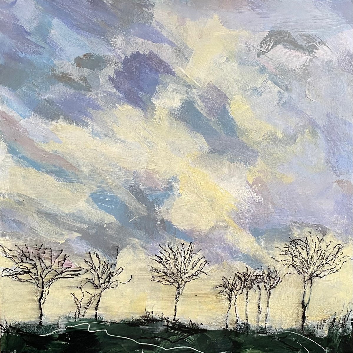 Impressionistic Landscape Acrylic Painting By Nikki Wheeler, 16 X 16", Sunset And Winter Trees, Original Artwork