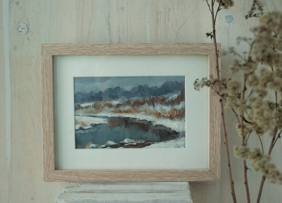 Snowy winter, small oil painting, art gift by Maria Chernobrovkina