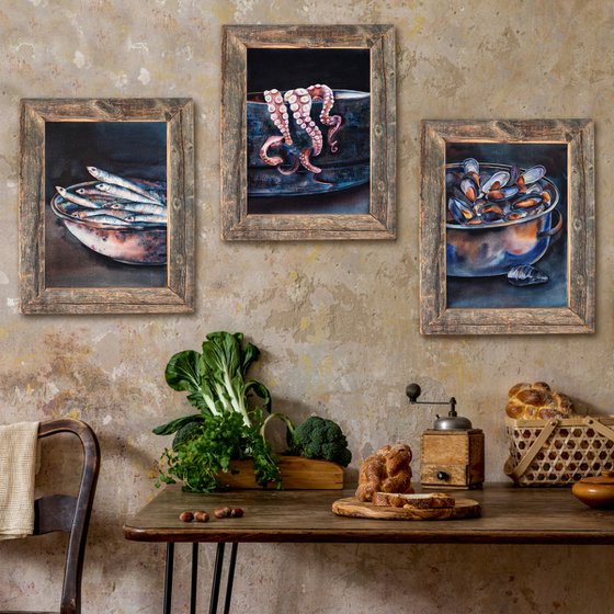 Seafood triptych - set of 3 original watercolor, darkness light, art for kitchen
