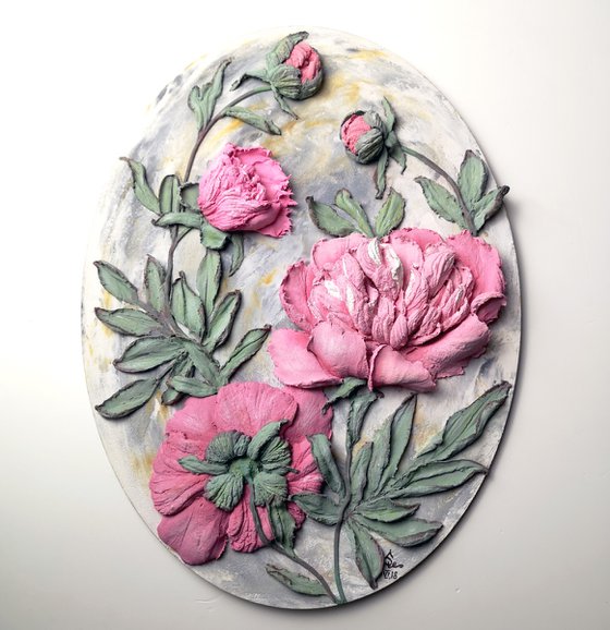 Peonies bouquet - bright 3d landscape on an oval panel, original textured wall relief, decor, bas relief, home decor, gift idea, pink flowers, green, 30x40x4 cm