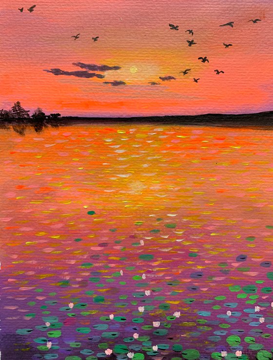 Water lily pond at sunset - 2 ! A4 size Painting on paper