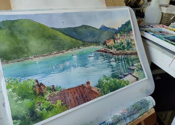 The idyllic Rabac watercolor painting (2023), European Istria Coastal port artwork