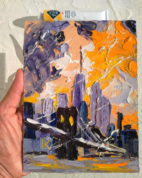 NYC Painting Cityscape Original Art New York Small Oil Impasto Pallete Knife Artwork Home Wall Art 6 by 8" by Halyna Kirichenko