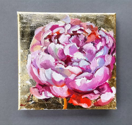 Pink peony miniature with gold on canvas by Annet Loginova