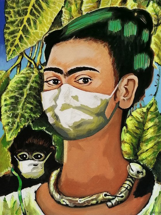 Frida Kahlo style girl in white mask