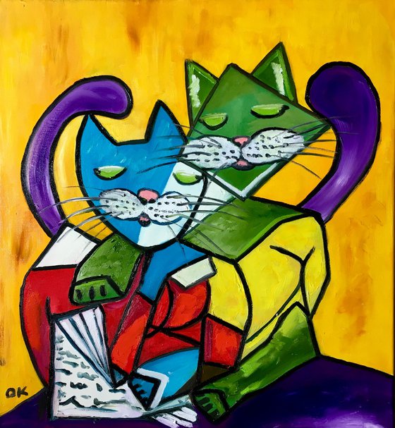 Cat version of “Two girls reading” by Pablo Picasso. Painting  for cat lovers.