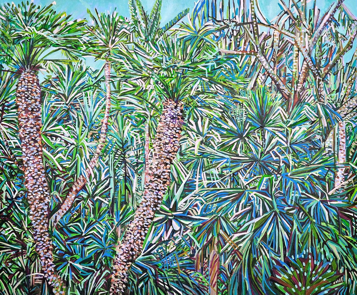 Urban And Pop Landscape Acrylic Painting By Alexandra Djokic, 43 X 35, Palm Trees, Original Artwork