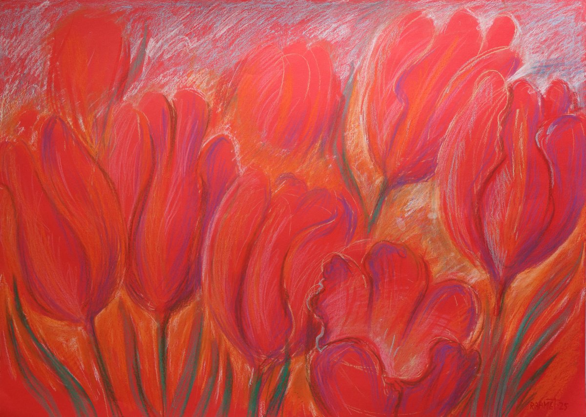 Impressionistic Botanical Acrylic Painting By Rakhmet Redzhepov, 34 X 24", Tulips Red 3, Original Artwork