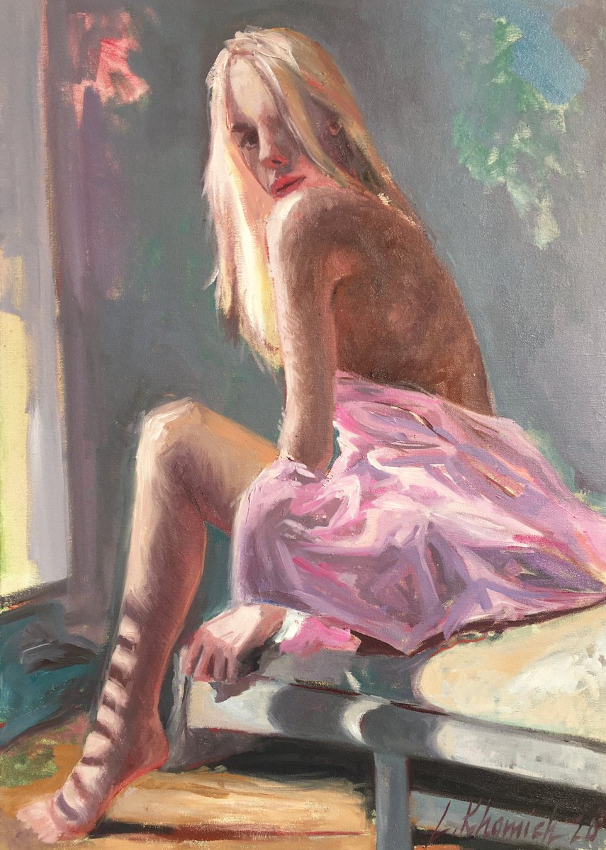 Expressive Portrait Oil Painting By Leo Khomich, 20 X 28", Model At Studio, Original Artwork