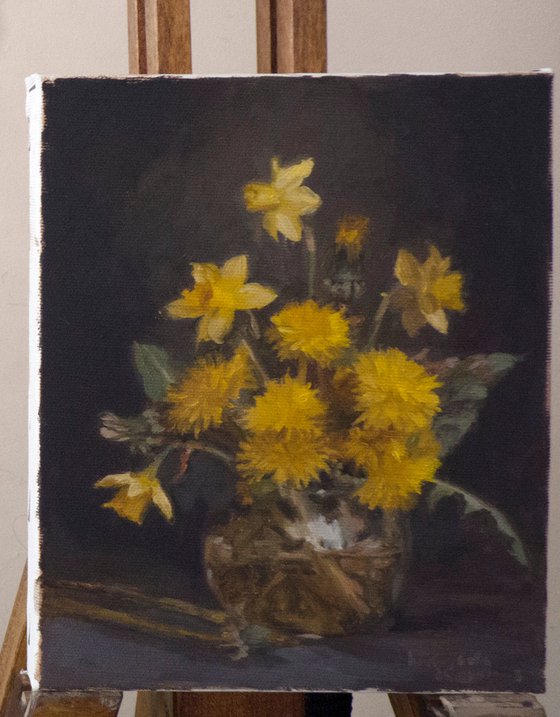 Still life with daffodils and dandelions