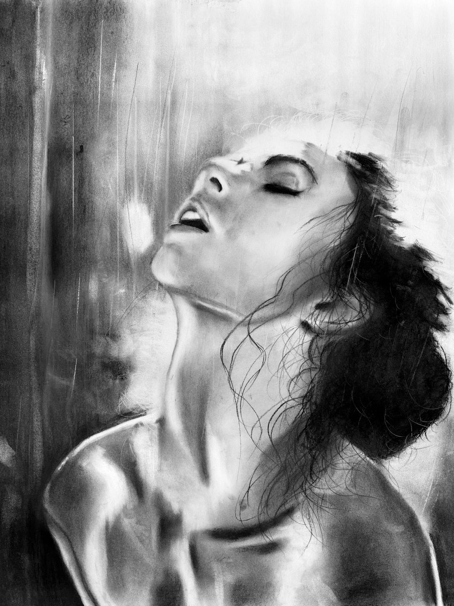 Photorealistic Portrait Charcoal Drawing By Denny Stoekenbroek, 20 X 26, Ecstasy, Original Artwork