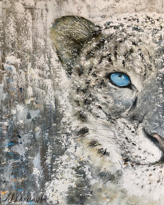 THE SNOW KING - Animalistic abstraction. Gorgeous snow leopard. Endangered species from the Red Book. Lxurious predator. Big wild cat. Irbis. Expressive eyes. Fauna. Sight. Wool.