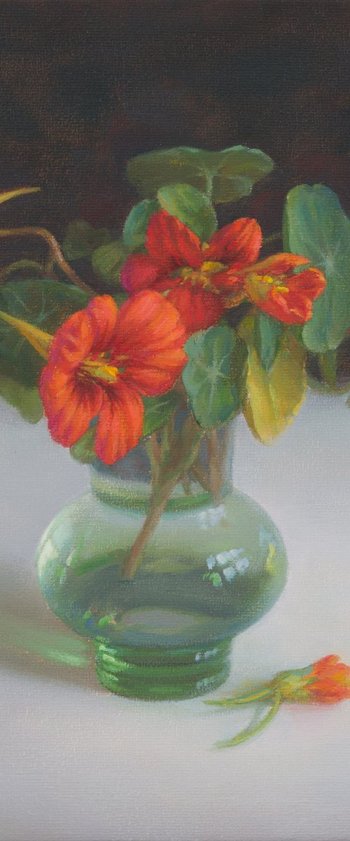 Nasturtiums in green vase by Irina Trushkova