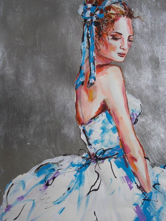 Blue Ribbon - Figurative Ballerina  Acrylic Mixed Media  Painting on Paper