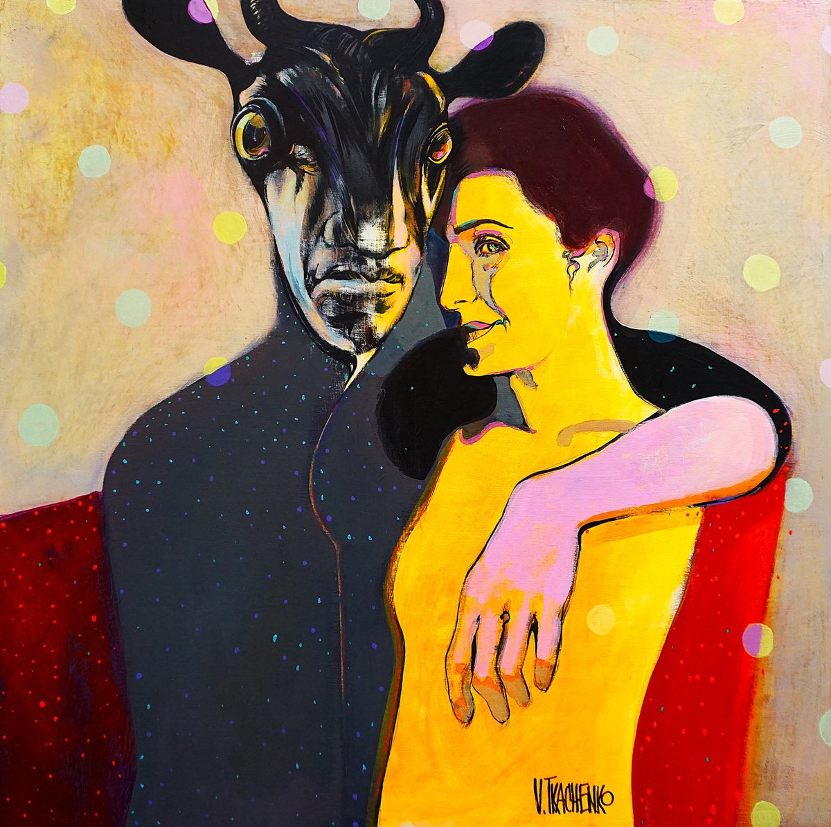 Organic Portrait Acrylic Painting By Victor Tkachenko, 24 X 24", Date Night, Original Artwork