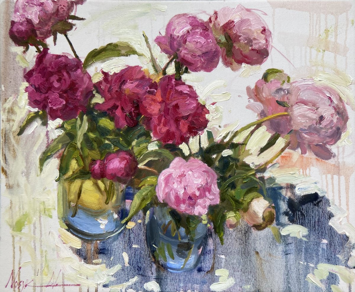 Impressionistic Botanical Oil Painting By Nataliia Nosyk, 24 X 20", Red And Pink Peonies, Original Artwork