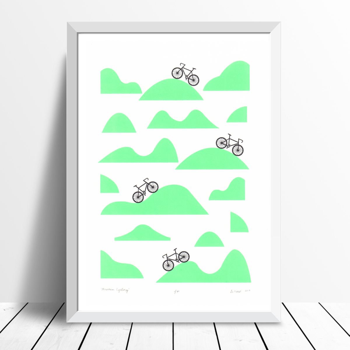 Mountain Cycling Print A3 Size in Retro Mint - Framed - FREE UK Delivery by Lu West