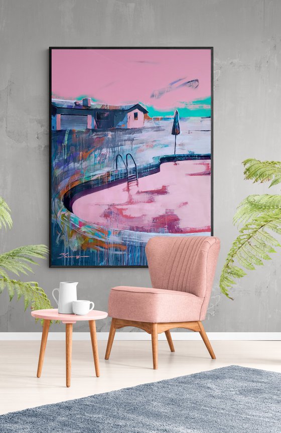 XXXL Large Painting - "Pink pool" - House - Urban - Pink - Expressionism - Landscape - Miami - Pop Art