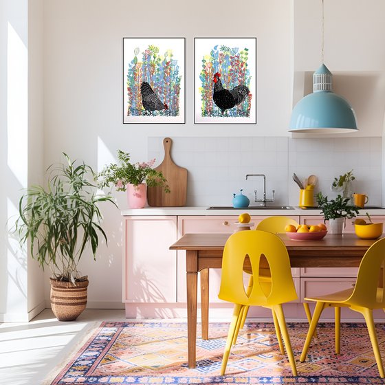 Rooster and Hen print set