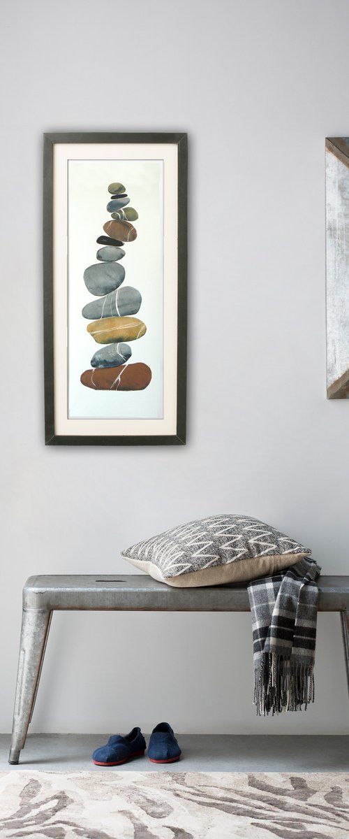 Zen stones - Twelve stones #1  (banded balancing stones lino/monoprint) by Carolynne Coulson