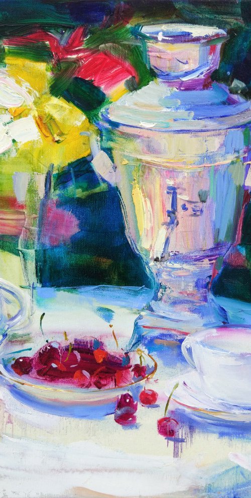 Tea in the garden . Sunny morning . Still life with a samovar . Original Oil Painting by Helen Shukina