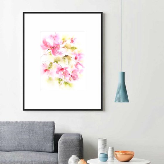 Pink floral bouquet, watercolor abstract flowers