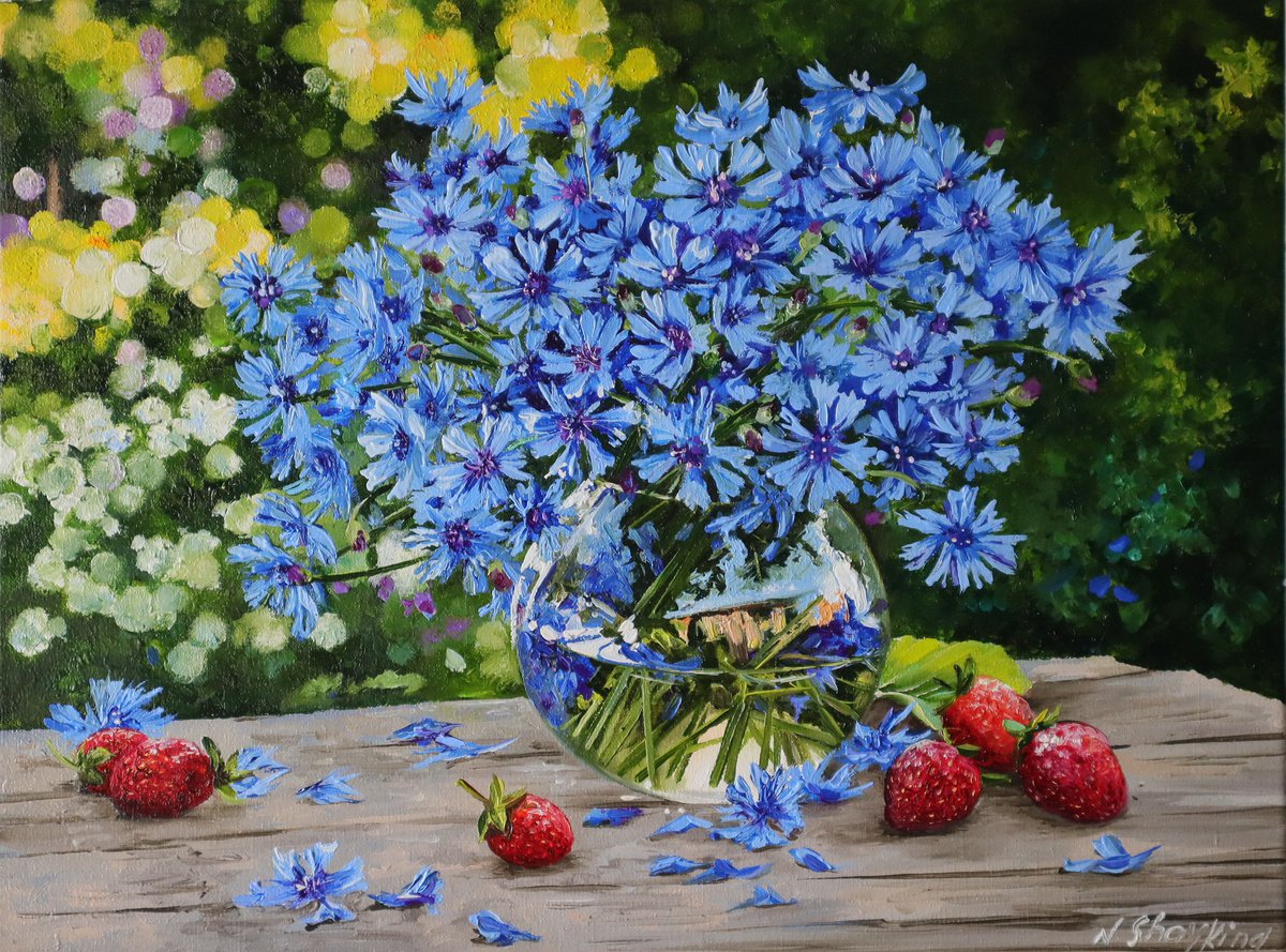 Still life with Blue Flowers Painting Original, Sunshine Artwork, Strawberry Plein Air, Wi... by Natalia Shaykina