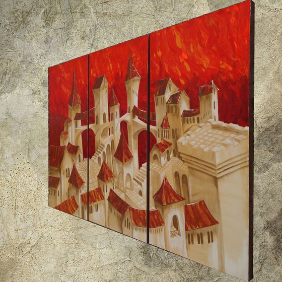 XXL surrealistic old town orange cityscape in Italy palette knife S038 extra Large painting 120x190x4 cm  red decor original big art ready to hang painting acrylic on stretched canvas glossy wall art