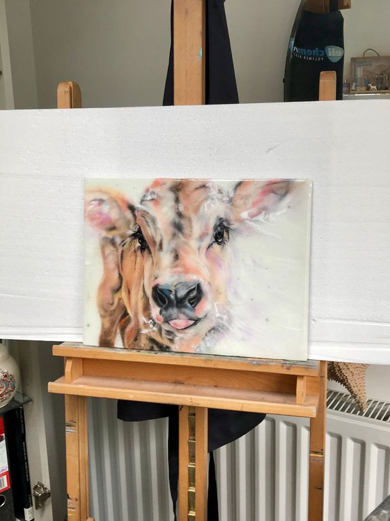 Snow, Cow calf original oil painting, Resin 16x12"