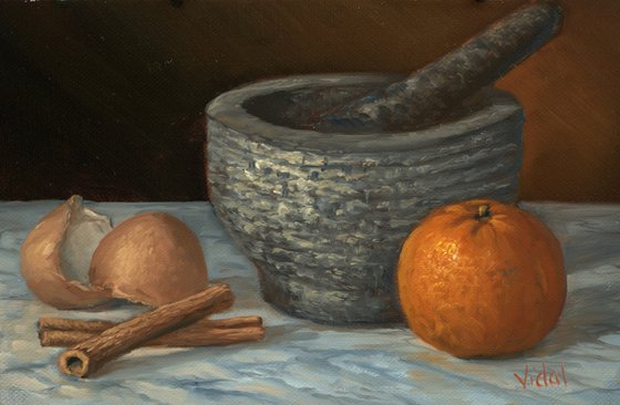 Pestle and mortar, orange, cinnamon and egg shell - still life