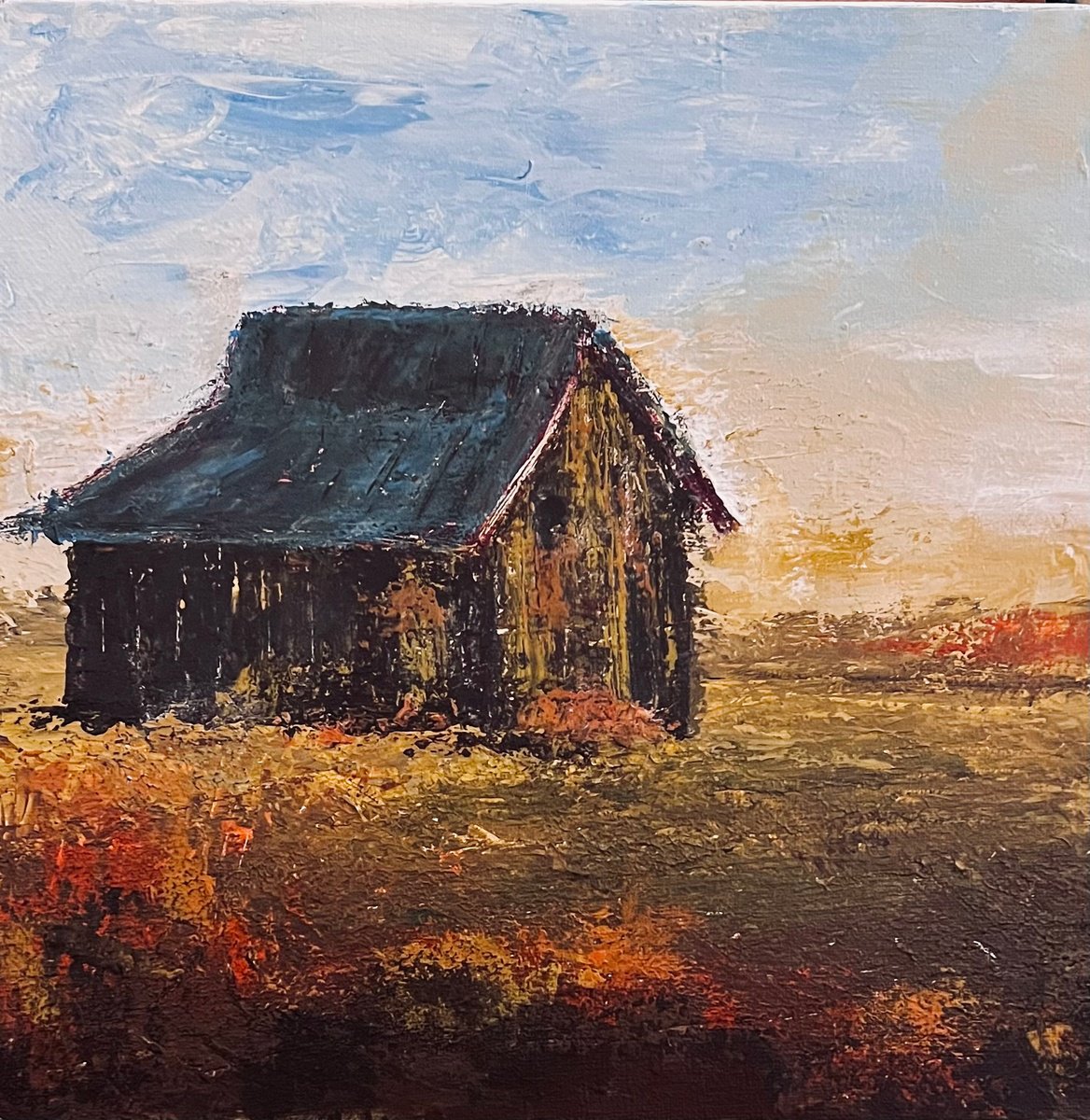 Impressionistic Landscape Acrylic Painting By Carolyn Shoemaker (Soma), 12 X 12, Blue Roof, Original Artwork