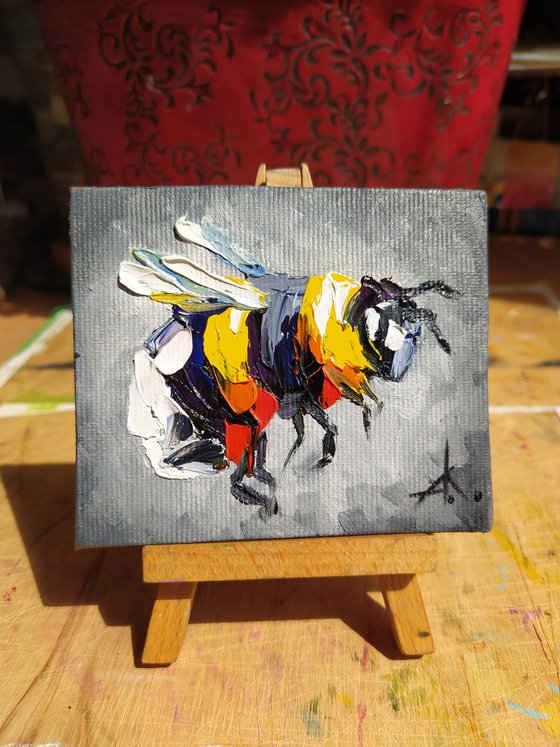 Small bumblebee - small painting, oil painting, postcard, bumblebee, bumblebee oil, painting, gift, gift idea, insects