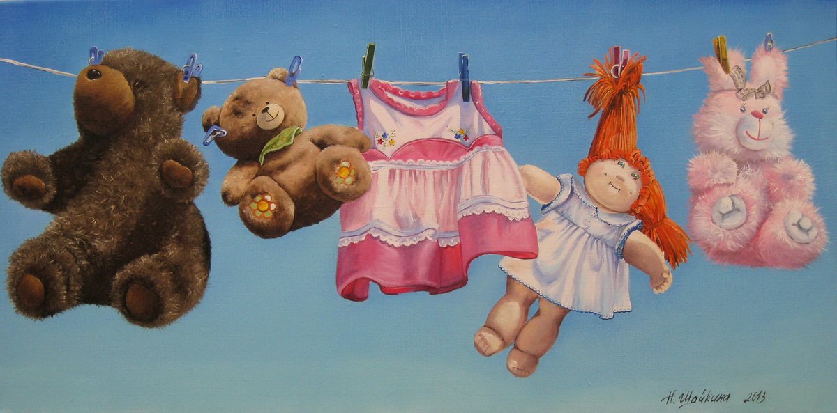 Impressionistic Still Life Oil Painting By Natalia Shaykina, 28 X 14", Teddy Bears And Pink Bunny, Original Artwork