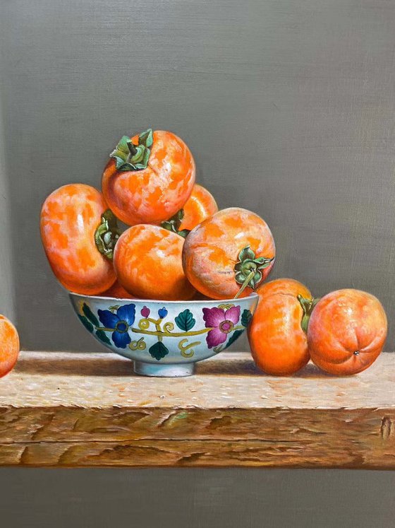 Original Still life oil painting:persimmons on the table