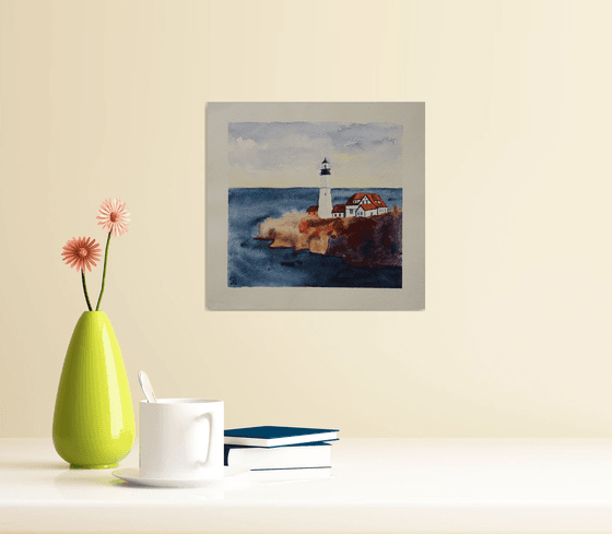 Lighthouse original watercolor painting on craft paper, sea and rocks, hygge home decor