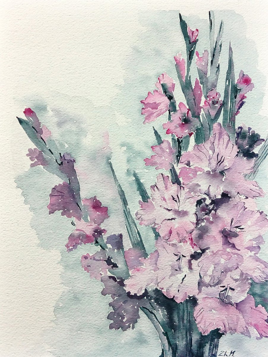 Gladiolus painting/ Pink flowers art by Marina Zhukova