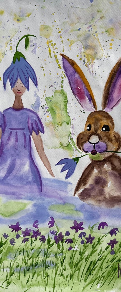 Bunny & Girl Original Watercolor Painting by Halyna Kirichenko