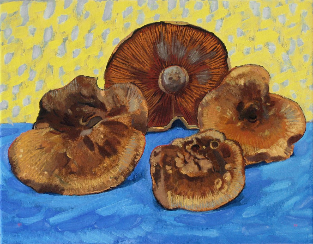 Botanical Oil Painting By Richard Gibson, 18 X 14", Funghi On Blue Table (2), Original Artwork