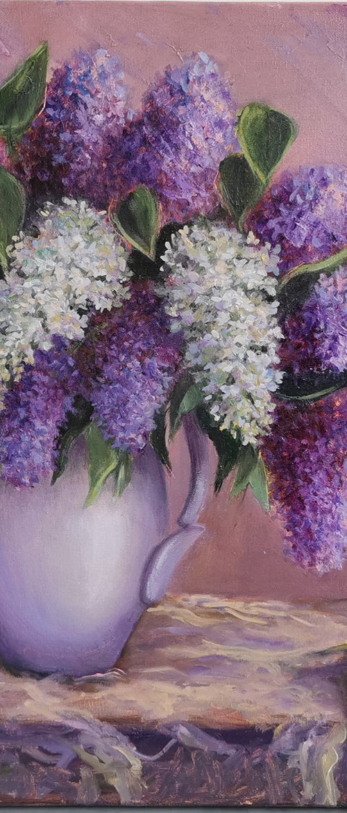 Lilac in Vase oil painting, size 50 x 50 cm by Elvira Hilkevich